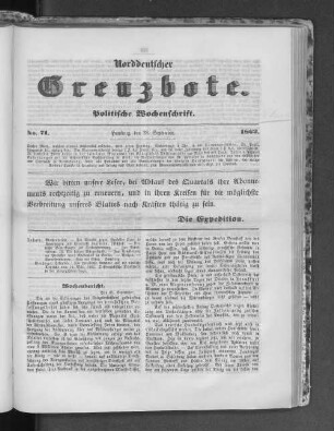 Norddeutscher Grenzbote. Politische Wochenschrift. no. 71 1862.