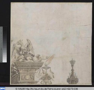 Die Ehrenpforte für Kaiser Maximilian I., Oberer Abschluss des rechten Säulenpaares, Greif mit Devise (Dürer), oberer Abschluss der rechten Porträtwand mit Feuerbecken (Springinklee), Bekrönung des rechten Seitenturms (Altdorfer)