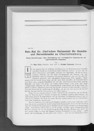 Aus der San.-Rat Dr. Edel´schen Heilanstalt für Gemüts- und Nervenkranke zu Charlottenburg.