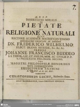 Dissertatio Moralis De Pietate Seu Religione Naturali