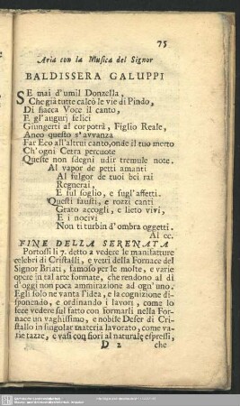 Aria con la musica del signor Baldissera Galuppi