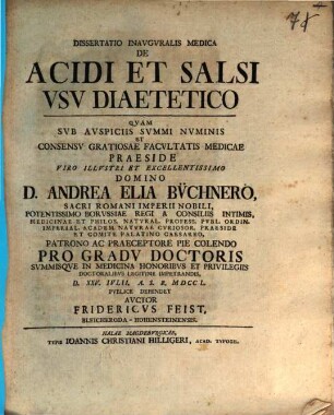 Dissertatio Inavgvralis Medica De Acidi et Salsi Vsv Diaetetico