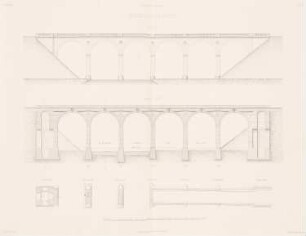 Diemel-Viadukt, Liebenau (?): Ansicht, Längsschnitt, Grundrisse Pfeiler (aus: Atlas zur Zeitschrift für Bauwesen, hrsg. v. G. Erbkam, Jg. 2, 1852)