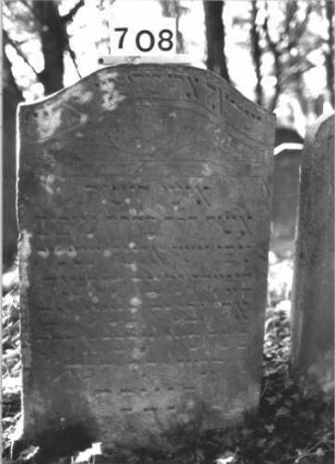 Grabstein 708 (Index: 99900483) Material: Sandstein Zustand: unten verwittert, sonst gut erhalten Maße HxBxT: 105x64x9 cm Beschreibung: Stele mit Konvexbogenabschluss, im Bogenfeld Blumen Symbolik: Blumen: Grabstein 708