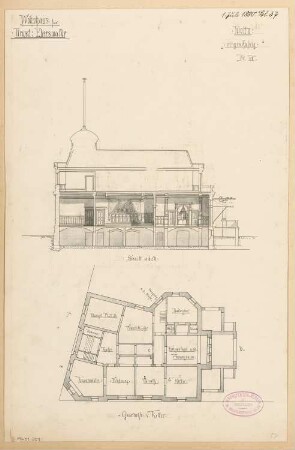 Wohnhaus, Eberswalde Monatskonkurrenz Juli 1880: Grundriss Keller, Längsschnitt