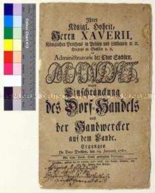 Mandat von Franz Xaver Prinz von Sachsen gegen den Warenhandel in den Dörfern