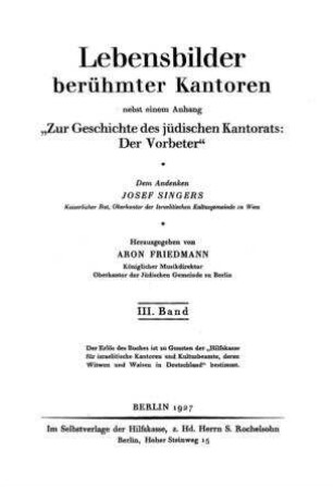 Lebensbilder berühmter Kantoren / hrsg. von Aron Friedmann