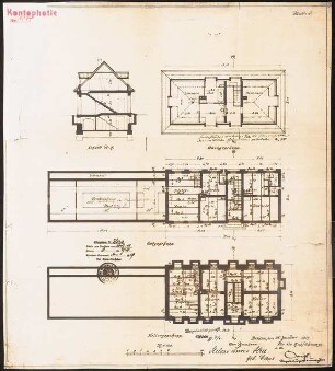Haus Herz, Berlin-Dahlem. Zum Projekt gehörend: Böhmer & Petrich, Haus Herz, Berlin-Dahlem Umbau zu Haus Himmler: Grundriss Erd-, Keller- und Dachgeschoss, Querschnitt 1:100