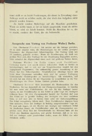 Aussprache zum Vortrag von Professor Weihe ".." Berlin