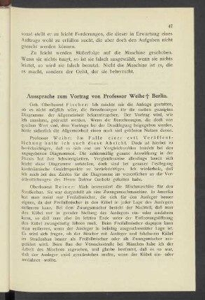 Aussprache zum Vortrag von Professor Weihe ".." Berlin