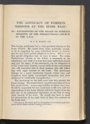 The advocacy of foreign missions at the home base