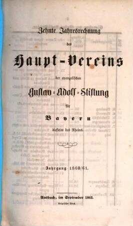 Jahresrechnung des Haupt-Vereins der Evangelischen Gustav-Adolf-Stiftung für Bayern diesseits des Rheins, 10. 1860/61 (1861)