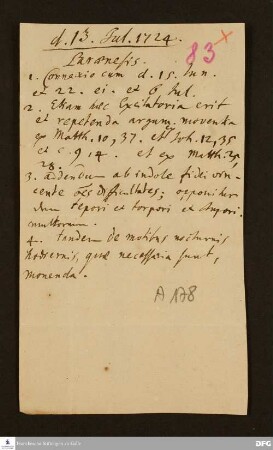 Disposition der paränetischen Vorlesung von August Hermann Francke am 13.07.1724.