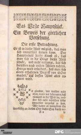 Das Erste Hauptstück. Ein Beweis der göttlichen Vorsehung.