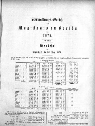 No. XXIV. Bericht der Spar-Kasse für das Jahr 1874