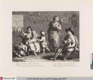 [Ländliches Genre, Familie mit Großmutter, Vater und Kindern, die Mutter ein Kind fütternd]