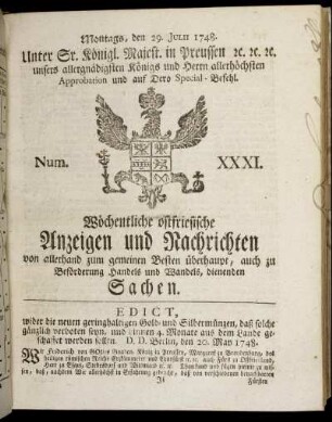 Num. XXXI. Montags, den 29. Julii 1748.