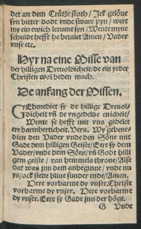 Hyr na eine Misse van der hilligen Drevoldicheit/ de ein yeder Christen wol beden mach.