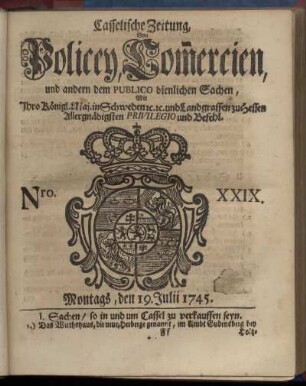 Nro. XXIX, Montags, den 19. Julii 1745