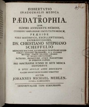 Dissertatio Inauguralis Medica De Pædatrophia : D. XVIII. Aprilis Anno MDCCXLVII.