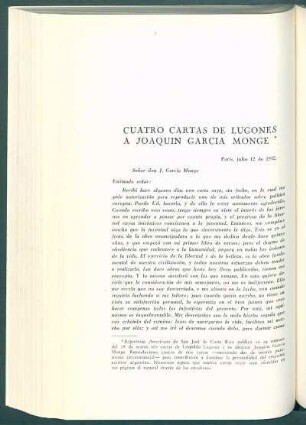 Cuatro cartas de Lugones a Joaquín García Monge