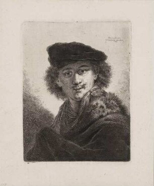 Bildnis Rembrandt Harmenszoon van Rijn mit Samtbarett und einem Mantel mit Pelzkragen
