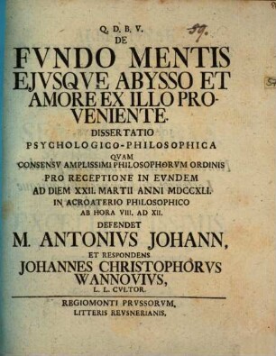 De fundo mentis eiusque abysso et amore ex illo proveniente : diss. psychol. philos.