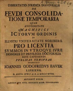 Dissertatio Ivridica Inavgvralis De Fevdi Consolidatione Temporaria