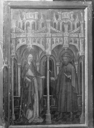 Jakobi-Altar — Altar im geschlossenen Zustand — Agatha und Pilger unter phantastischer Architektur