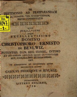 De testimonio ad praeparandam actionem vel exceptionem brevis commentatio
