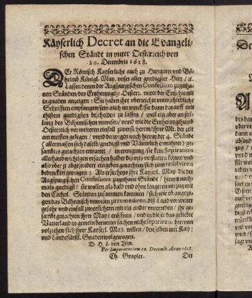 H2v, Kayserlich Decret an die Evangelischen Ständt in unter Oesterreich von 20. Decembris 1618