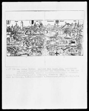 Ansicht der Stadt Ulm, Ausschnitt aus einer 12-Städte-Ansicht als Einleitung zu dem Kapitel: Electorum imperii institution, in Schedels Liber Chronicarum