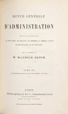 Revue générale d'administration, 3. 1878 = Sept. - Dez.