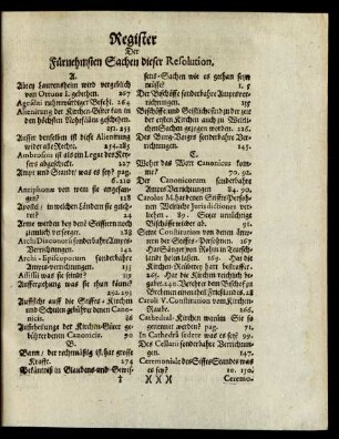 Register der Fürnehmsten Sachen dieser Resolution.