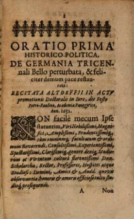 Templum Pacis, In Rom. Germanico-Imperio nuper exstructum; Et Quinque Substratis Columnis, aliquatenus suffulcitum atque corroboratum. Sive, De Pace Germaniae Restaurata, Eiusque Conservandae & stabiliendae mediis ac rationibus nonnullis, Orationes Panegyricae V.