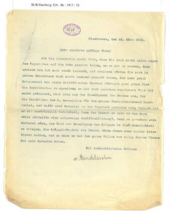 Brief an Lotte von Mendelssohn-Bartholdy