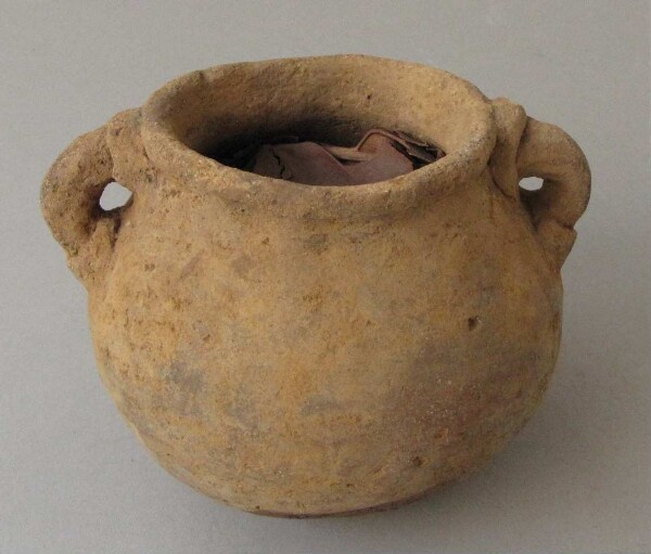 Clay pot filled with dried leaves