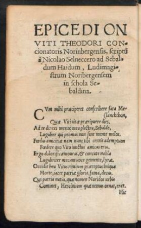 Epicedion Viti Theodori Concionatoris Norinbergensis ...