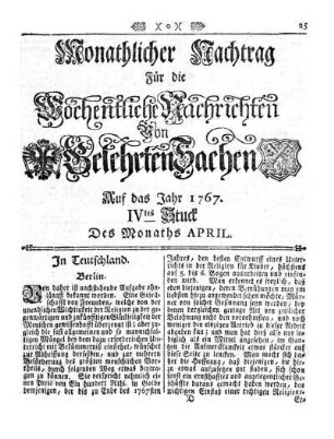 Monathlicher Nachtrag [...] Auf das Jahr 1767. IVtes Stuck Des Monaths April