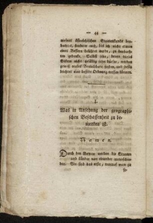 I. Was in Ansehung der geographischen Beschaffenheit zu bemerken ist. - II. Allgemeine fisikalische Beschaffenheit.