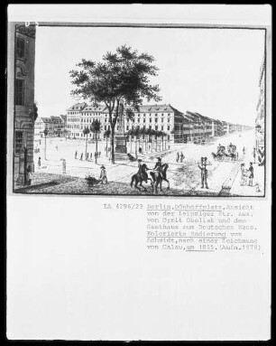 Dönhoffplatz in Berlin, Ansicht von der Leipziger Straße aus mit Obelisk und dem Gasthaus zum Deutschen Haus