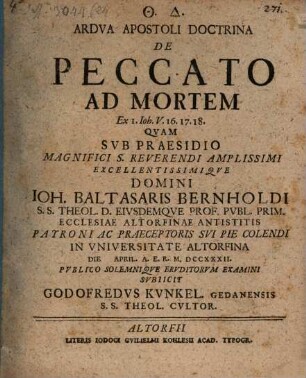 Ardua apostoli doctrina de peccato ad mortem, ex I Joh. V, 16 - 18