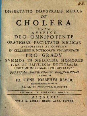 Dissertatio Inavgvralis Medica De Cholera