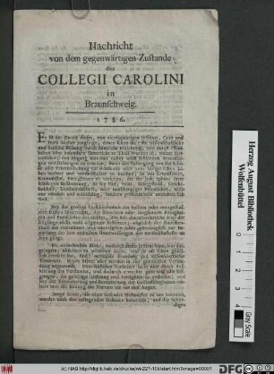Nachricht von dem gegenwärtigen Zustande des Collegii Carolini in Braunschweig$n1786