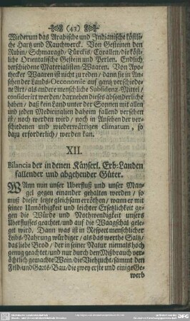 XII. Bilancia der in denen Käyserl. Erb-Landen fallender und abgehender Güter