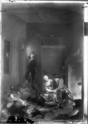 Interieur mit Szene am Kamin (die Nacht in der Poststation)