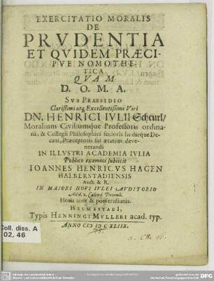 Exercitatio moralis de prudentia et quidem praecipue nomothetica