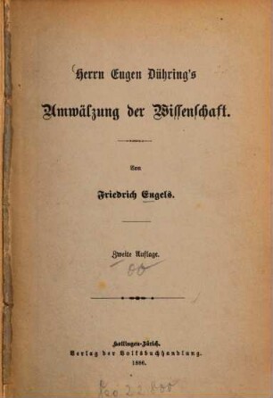 Herrn Eugen Dührings's Umwälzung der Wissenschaft