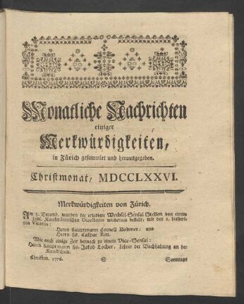 Christmonat, MDCCLXXVI