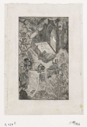 Junger Gaspard am Schreibtisch, umgeben von furchterregenden Kreaturen, Titelblatt aus: Louis Bertrand, "Gaspard de la nuit", Paris 1868